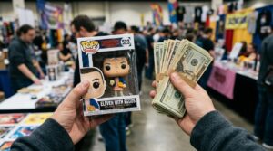 Holding out a funko pop with money after selling a funko pop