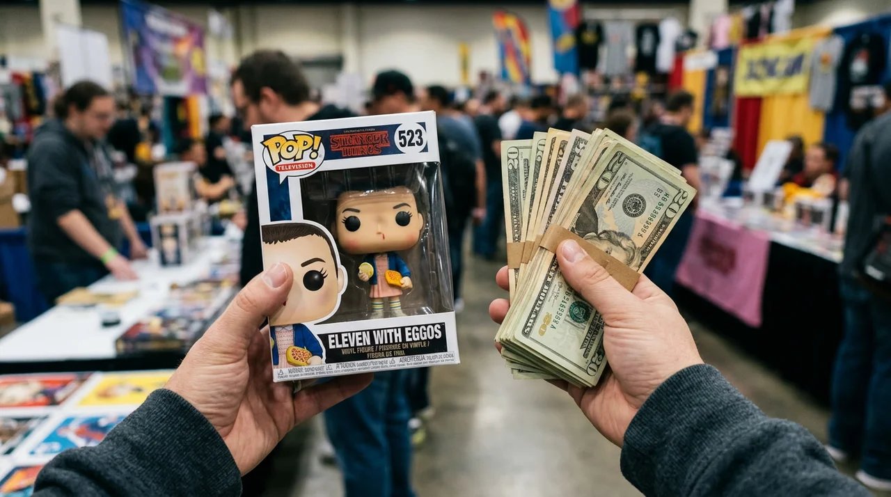 Holding out a funko pop with money after selling a funko pop