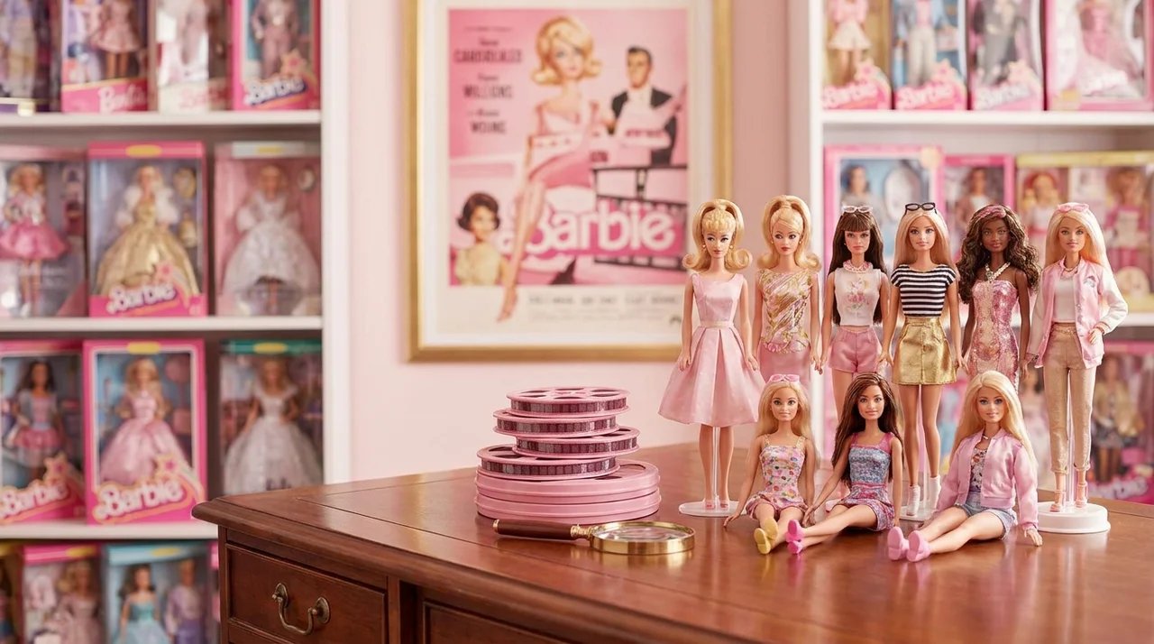 Barbie Dolls on a shelf with Barbie Movie Film