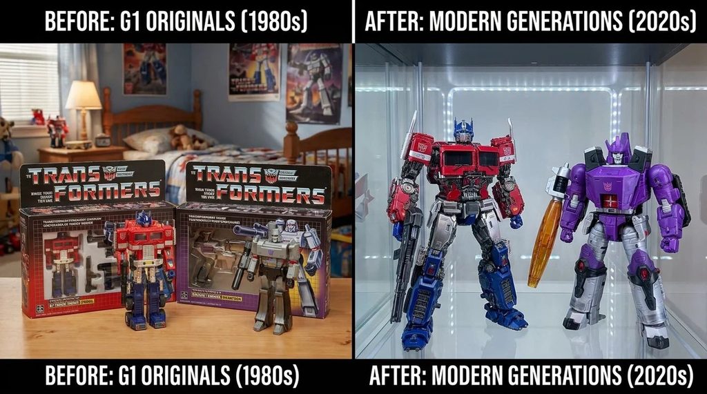 Comparison of old vs new transformers action figures.