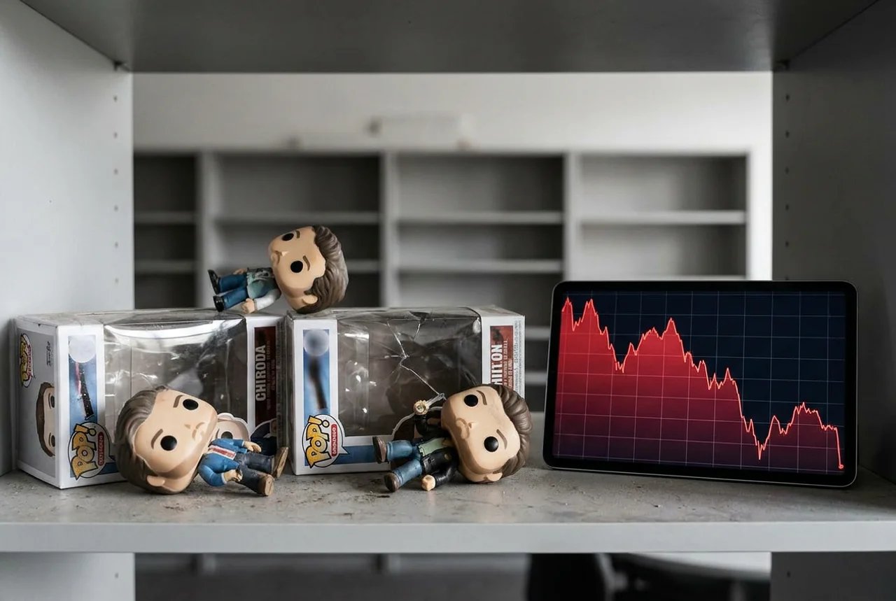 Funko Pops on a table with a declining chart