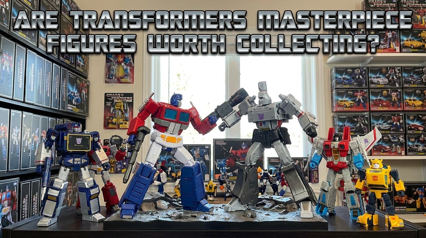 Transformers Masterpiece figures on collectors desk
