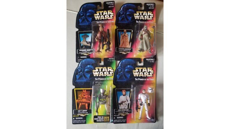 Four carded Star Wars Power of the Force action figures including Hammerhead, Tusken Raider, ASP-7, and Luke Stormtrooper
